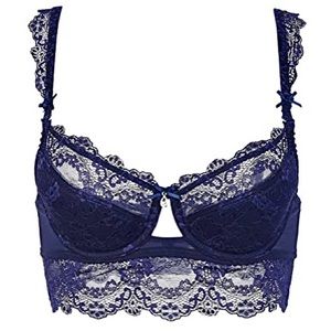 Navy Blue Floral Embroidered Push-Up Lace Bra